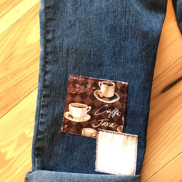Upcycled Coldwater Creek Cropped Jeans, Coffee Books Theme Capris, Size 10 - Picture 9 of 10